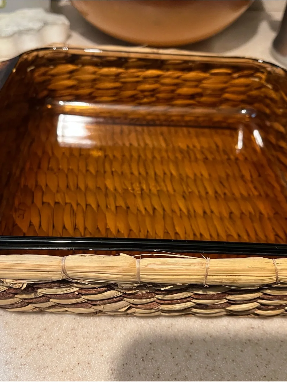 Amber Glass Baking Dish with Wicker Carrier - anchor hocking
